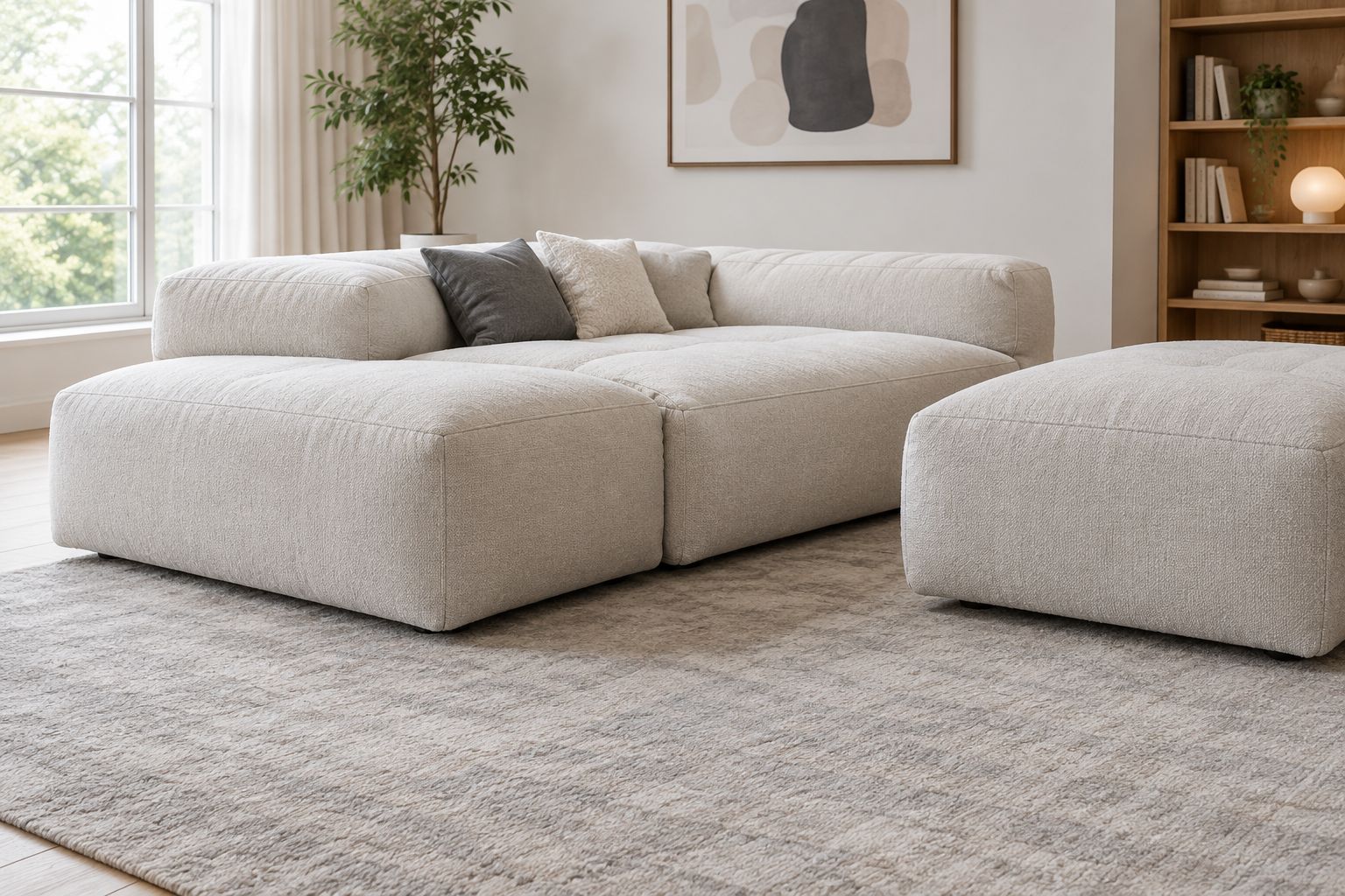 Side view of a modular sectional and ottoman showing the junction between their cushioned surfaces