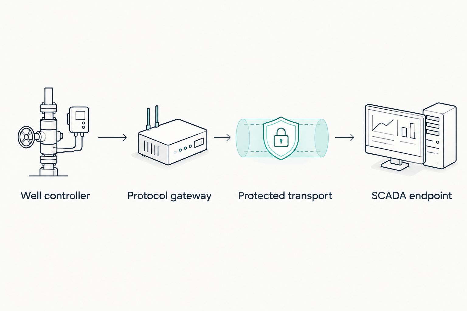 Telemetry path from a well controller through a gateway and protected transport to SCADA
