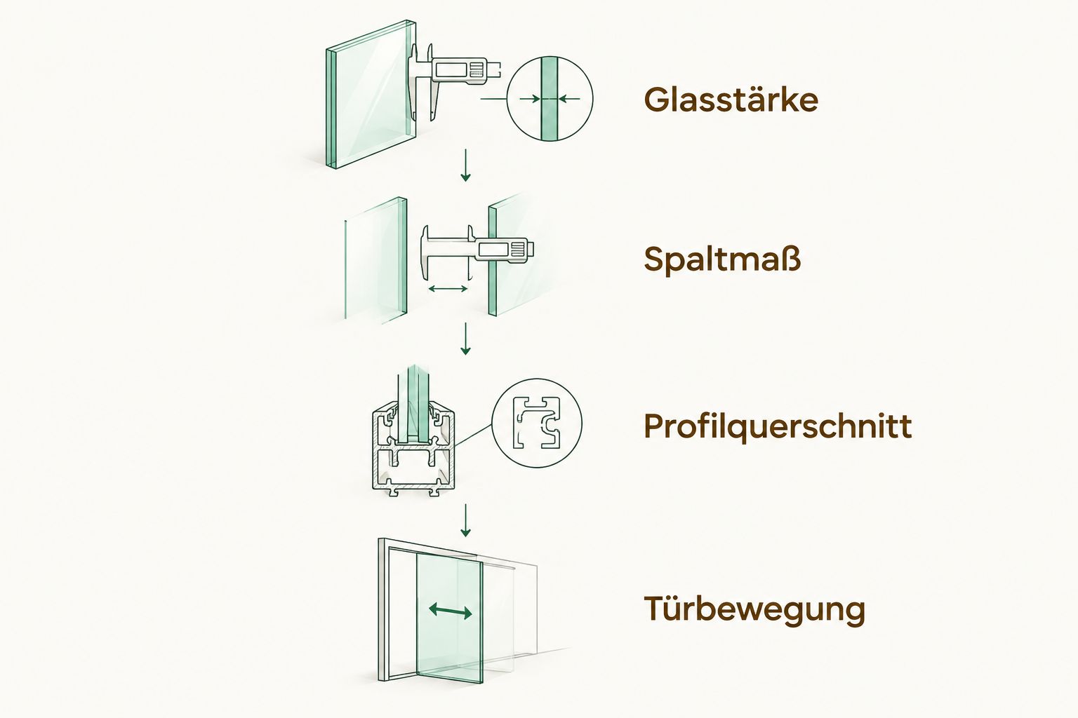 Messablauf mit Glasstärke, Spaltmaß, Profilquerschnitt und Türbewegung