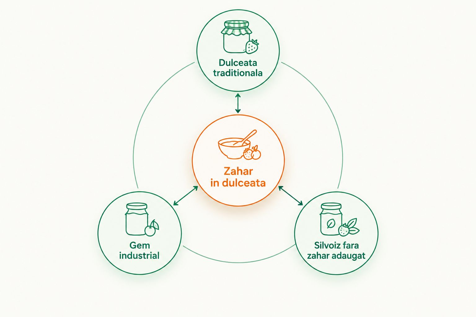Diagramă cu trei tipuri de dulceață legate de un nod central despre zahăr