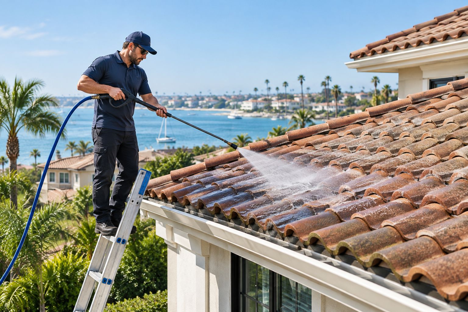 Technician soft washing a tile roof with a low-pressure wand