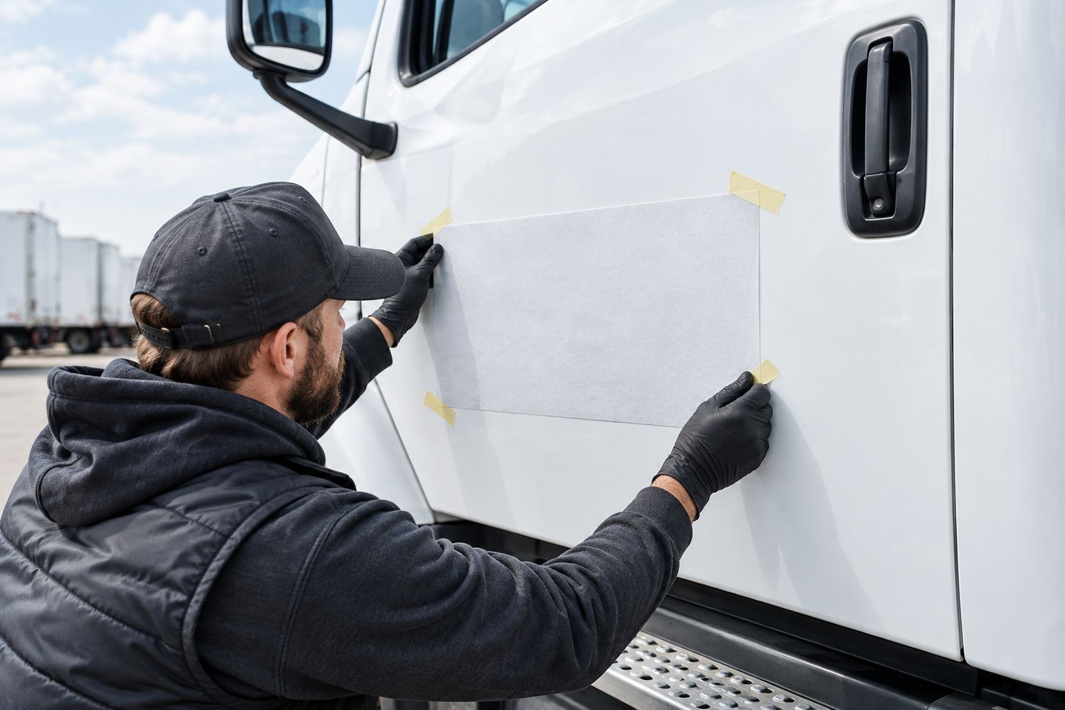 Hands aligning a decal backing sheet on a truck door clear of the handle
