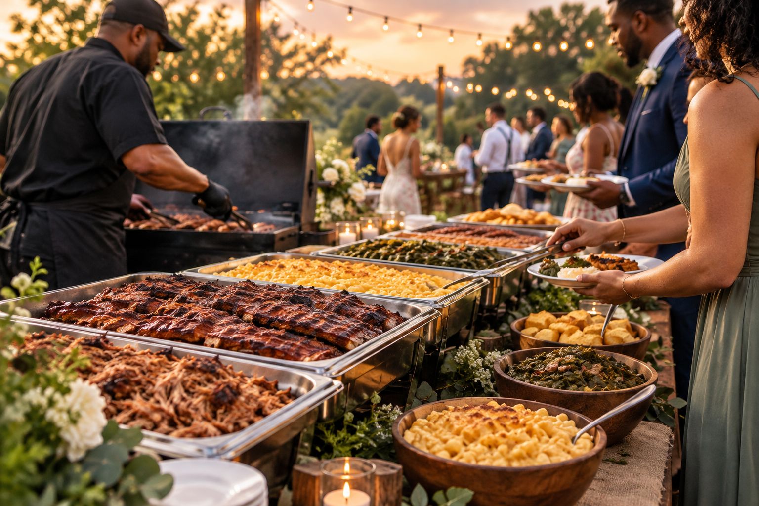BBQ buffet spread set up for an outdoor wedding reception