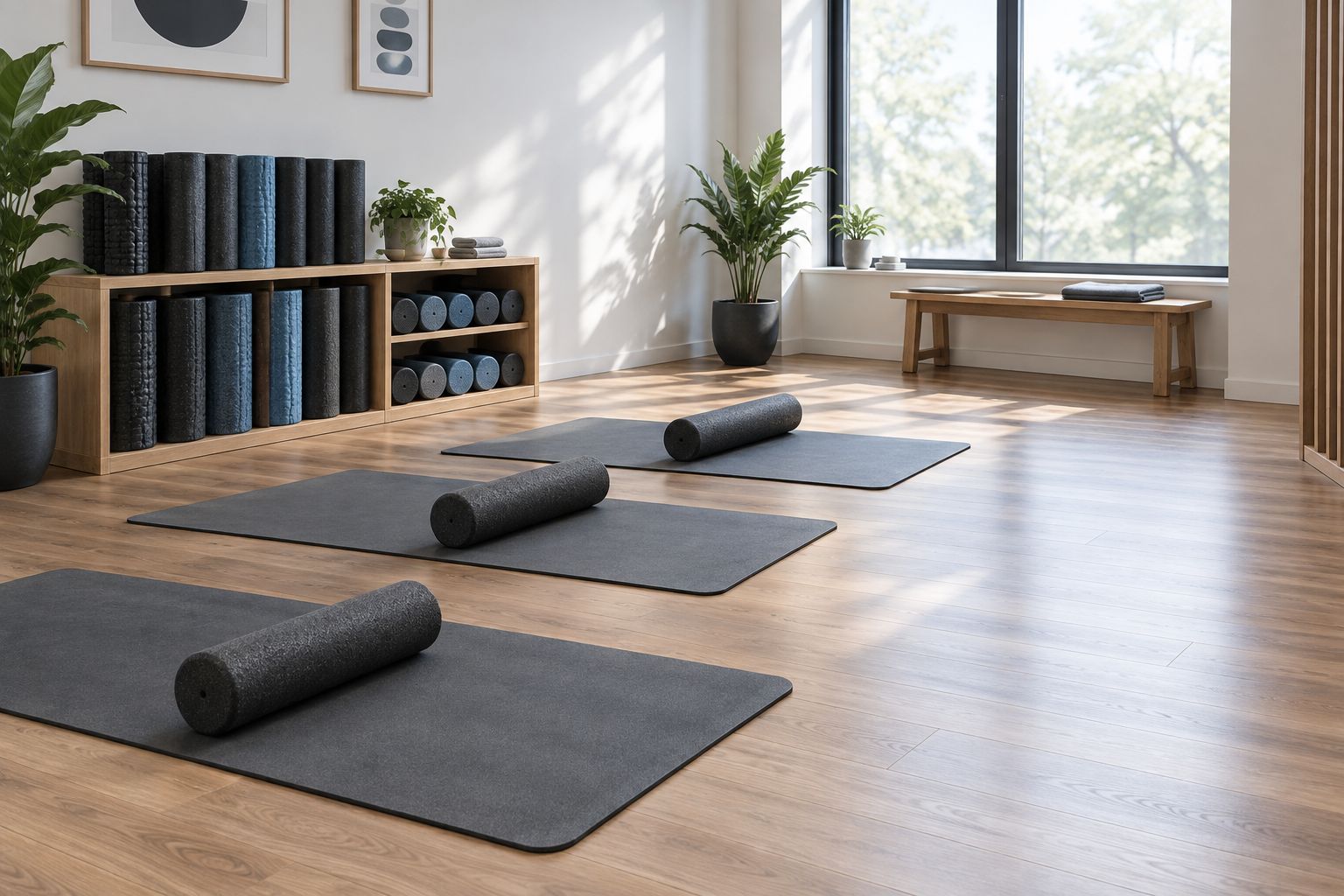 Bodenplätze mit separater Rollenablage und freiem seitlichem Zugang im Studio