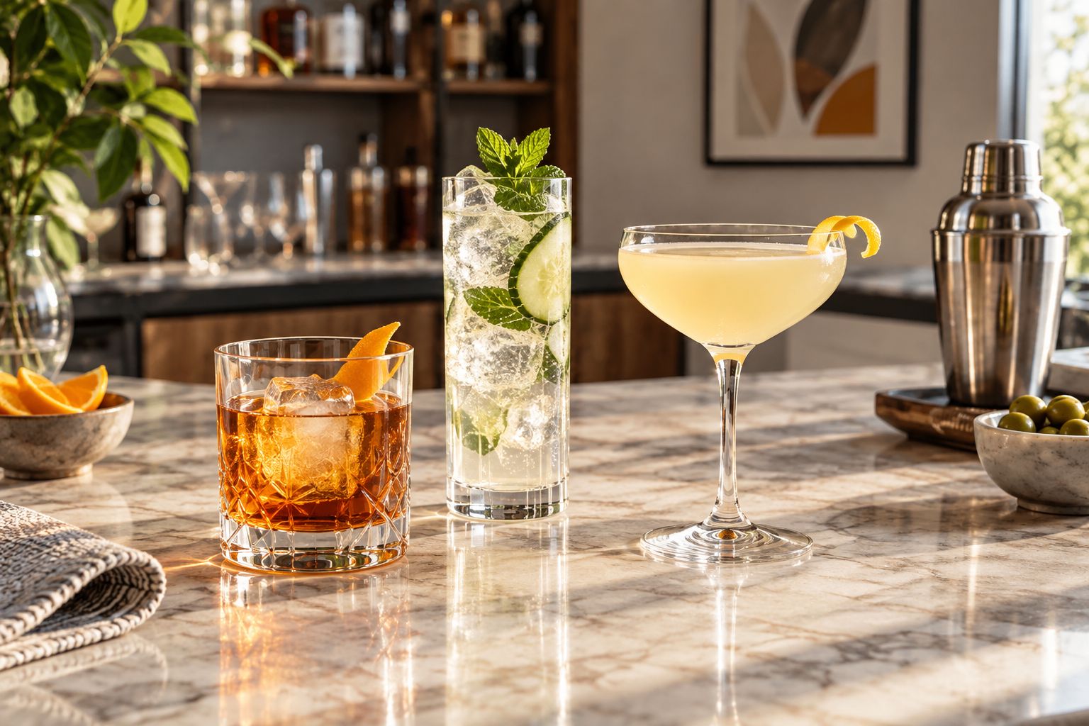 Rocks, highball, and coupe glasses showing different ice and serving formats