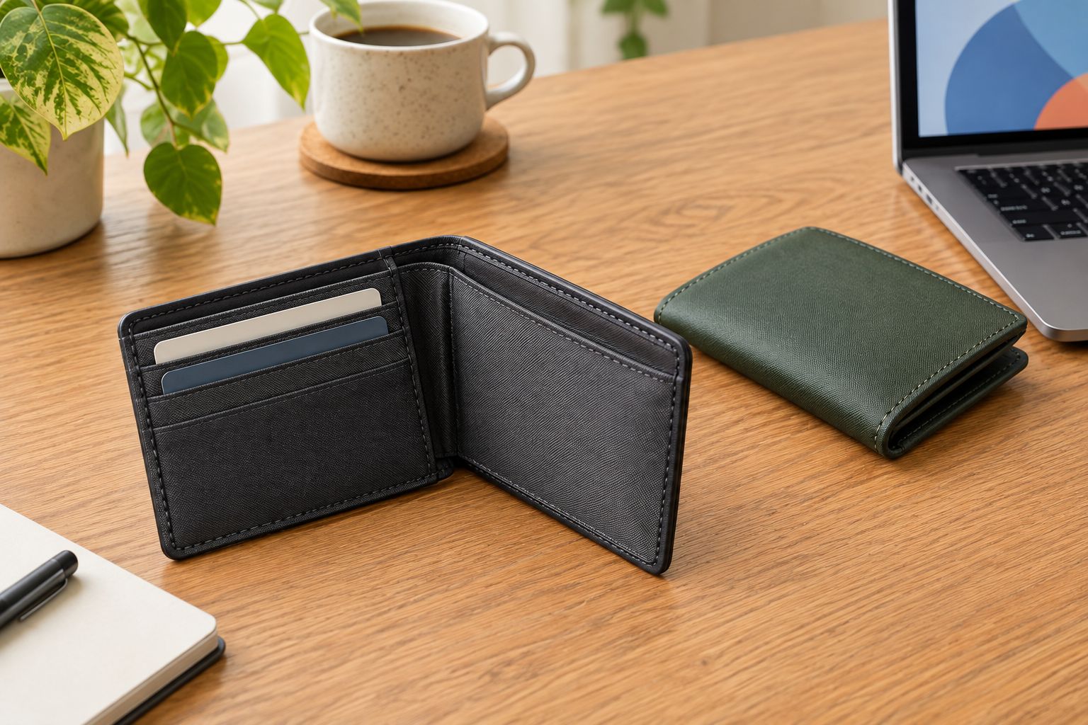 An open wallet showing its interior beside a closed wallet showing its thickness