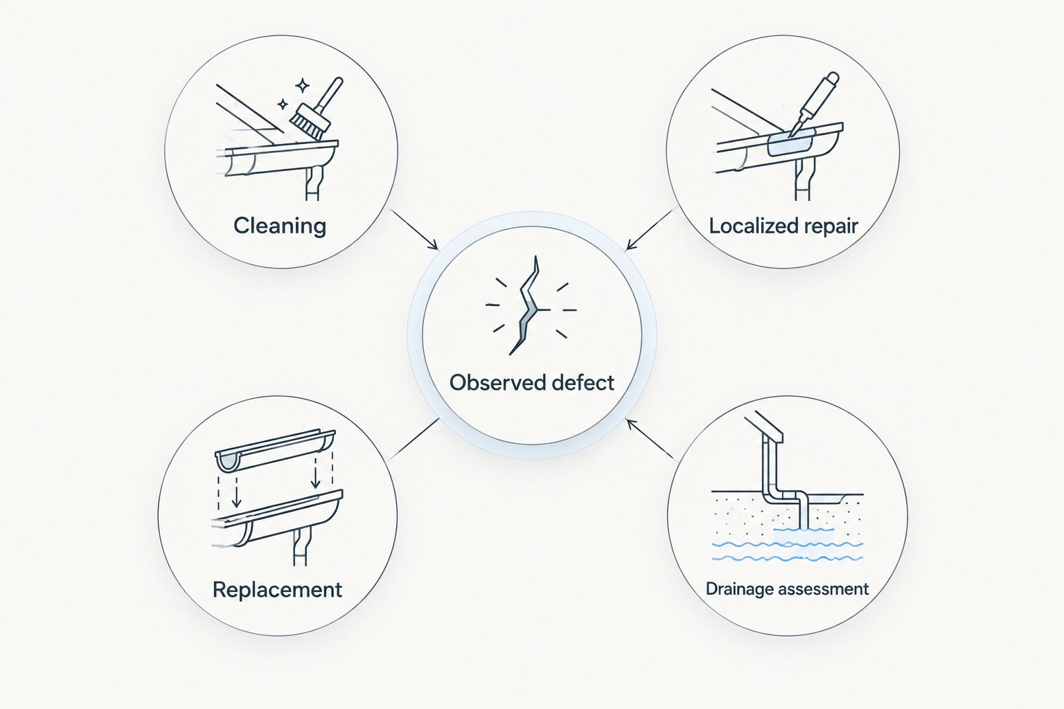 An observed gutter defect connected to cleaning, localized repair, replacement, and drainage assessment.