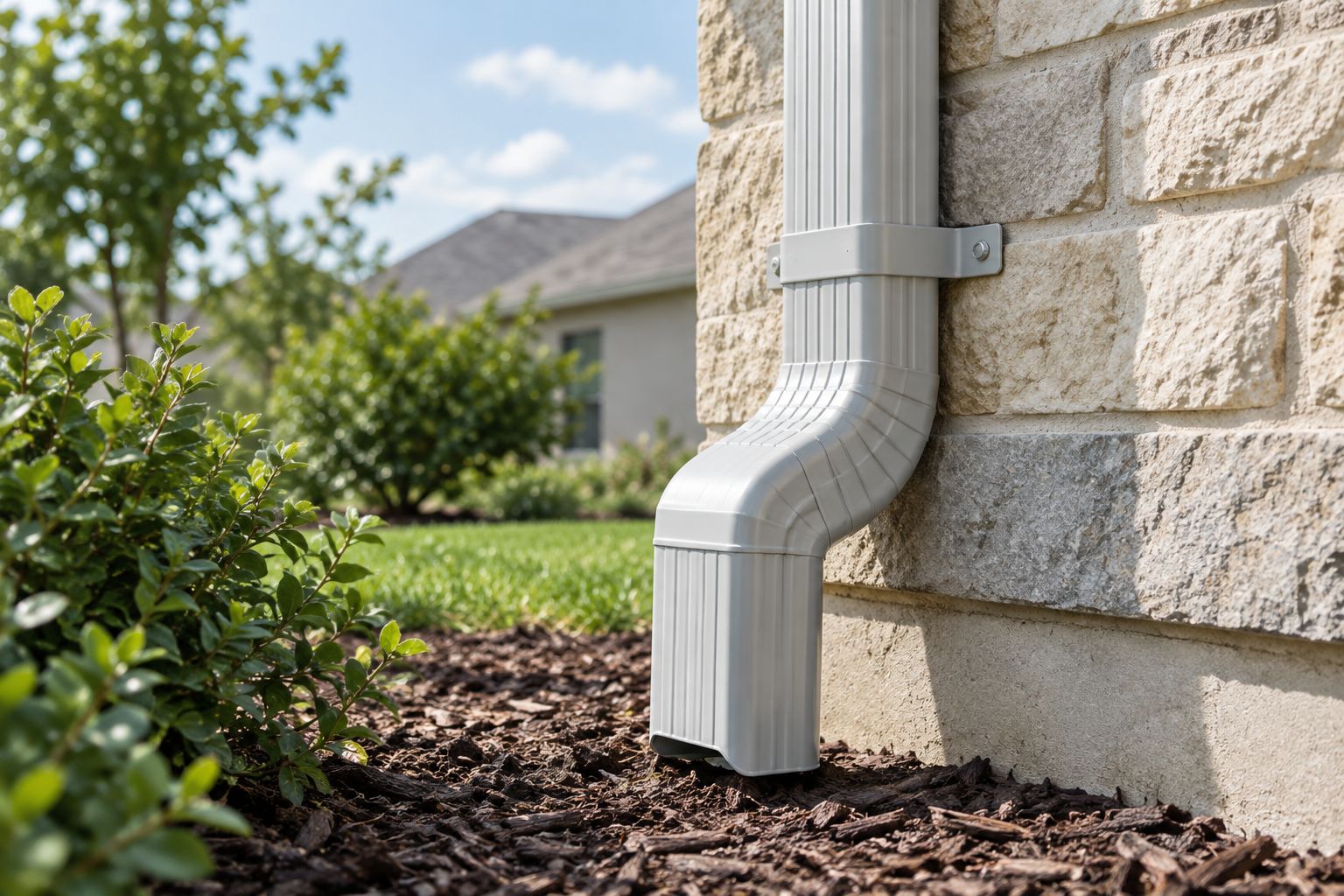 A residential downspout showing its connection, mounting strap, and lower discharge section.
