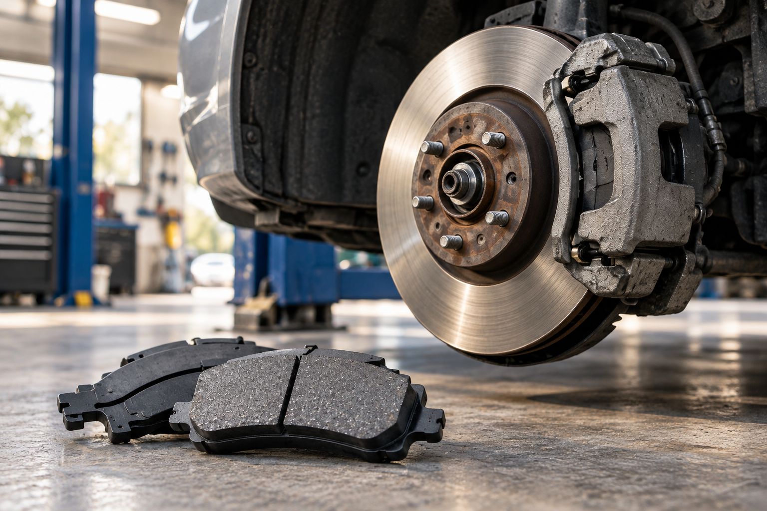 Disc-brake rotor and caliper with replacement pads beside the assembly