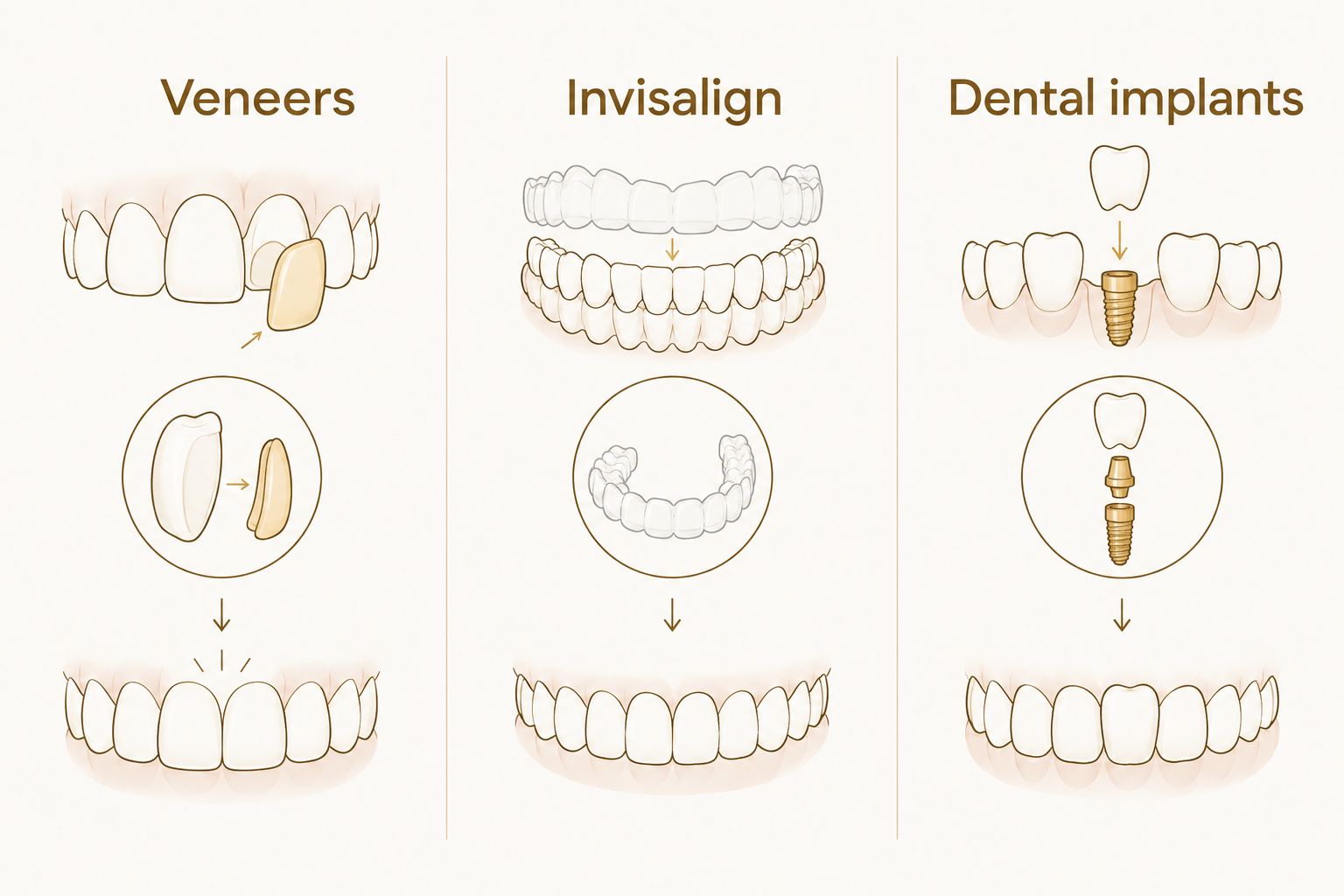 Comparison of veneers covering tooth surfaces, Invisalign aligning teeth, and implants replacing missing teeth.