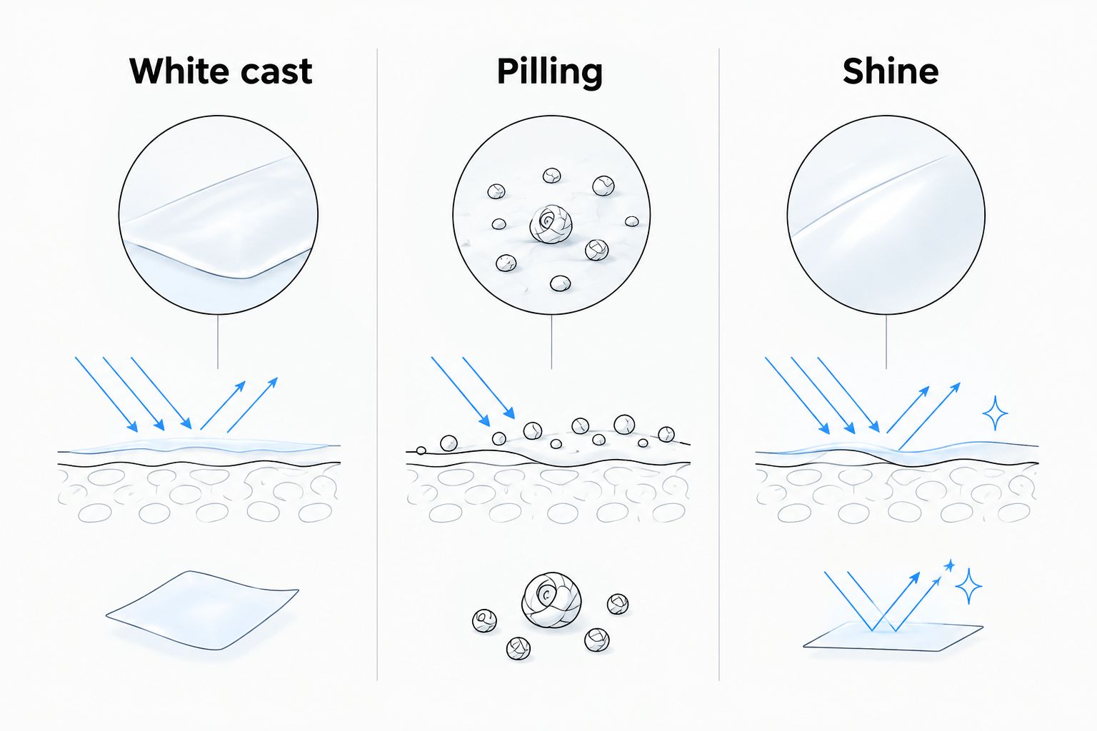 Comparison of a pale sunscreen film, rolled particles, and reflected shine