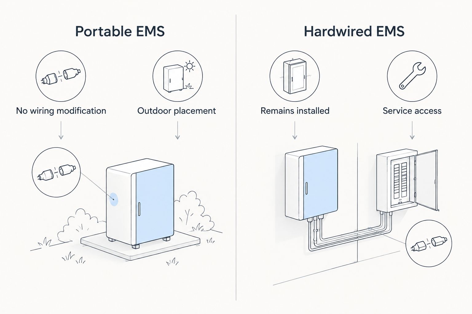 Portable and hardwired EMS comparison showing installation and access trade-offs