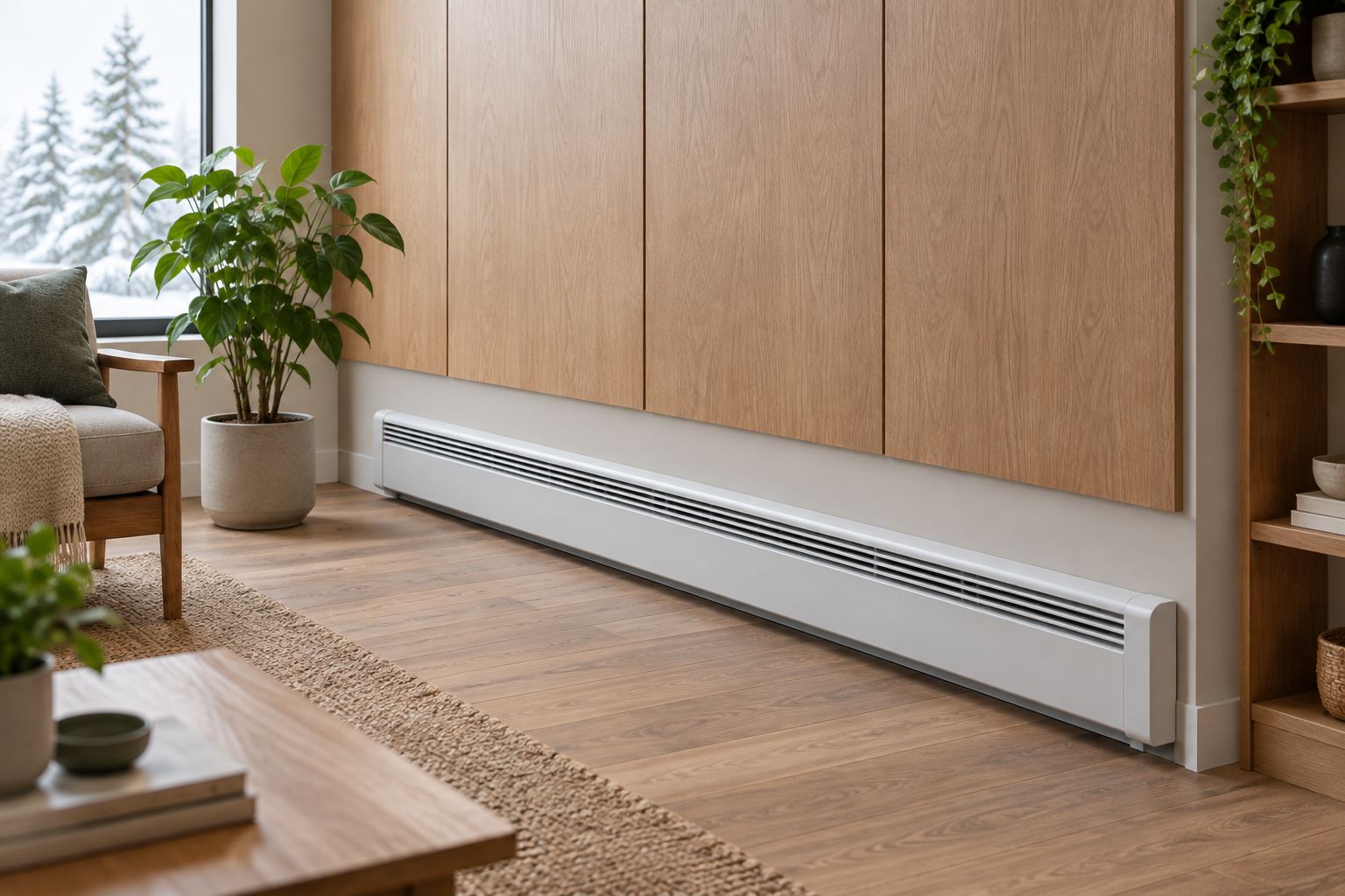 Wood wall panels ending above a separate baseboard heater with a visible painted wall band