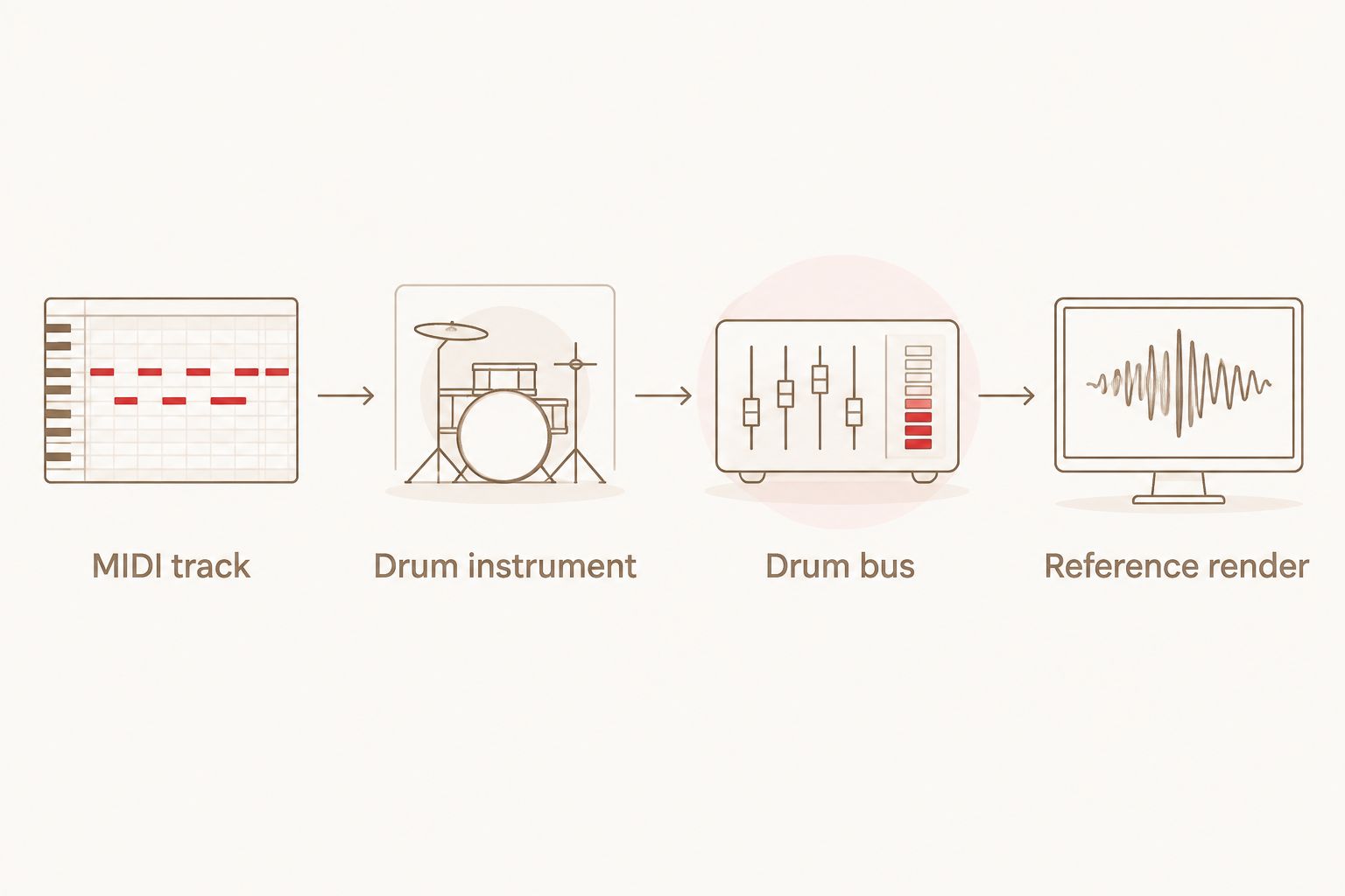 Signal chain from MIDI track through a drum instrument and drum bus to a reference render