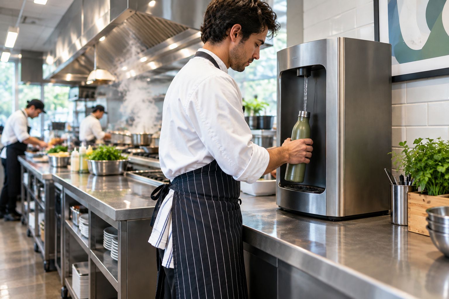 Stainless steel bottle filling station installed at a restaurant kitchen line
