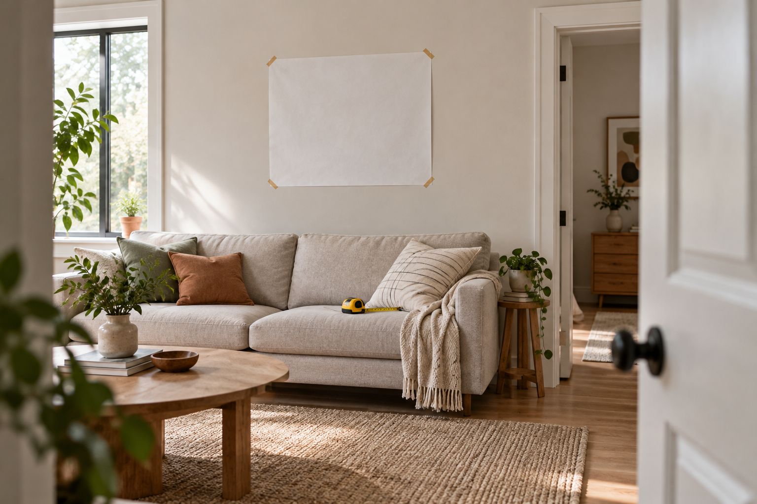 Paper template above a sofa showing the proposed framed artwork footprint