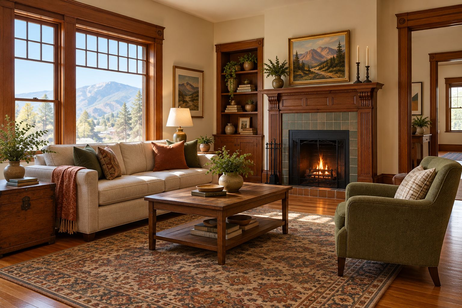 Tailored seating and a wooden chest arranged without hiding window trim or a fireplace