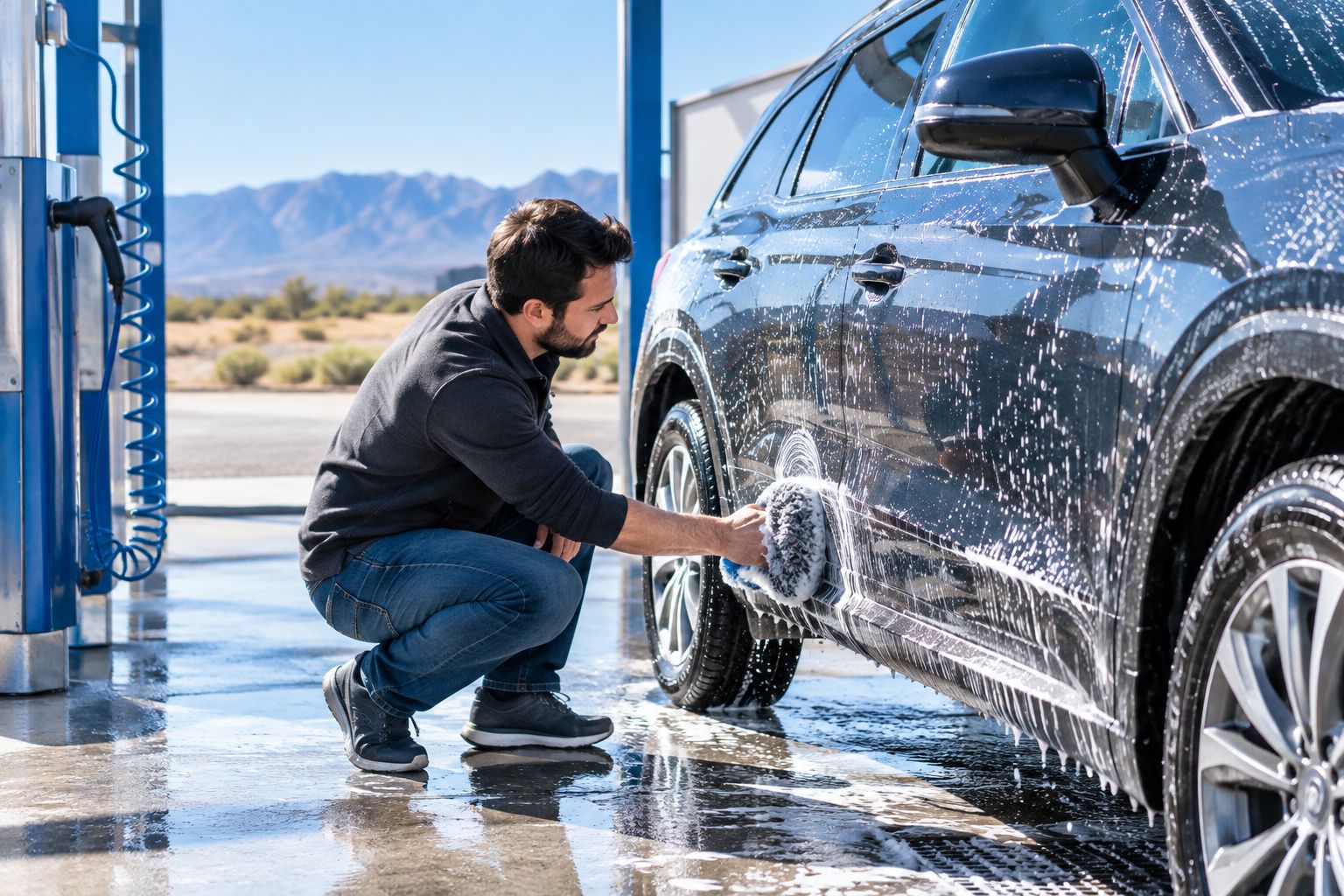 Driver cleaning a vehicle's lower door panel in a self-service wash bay