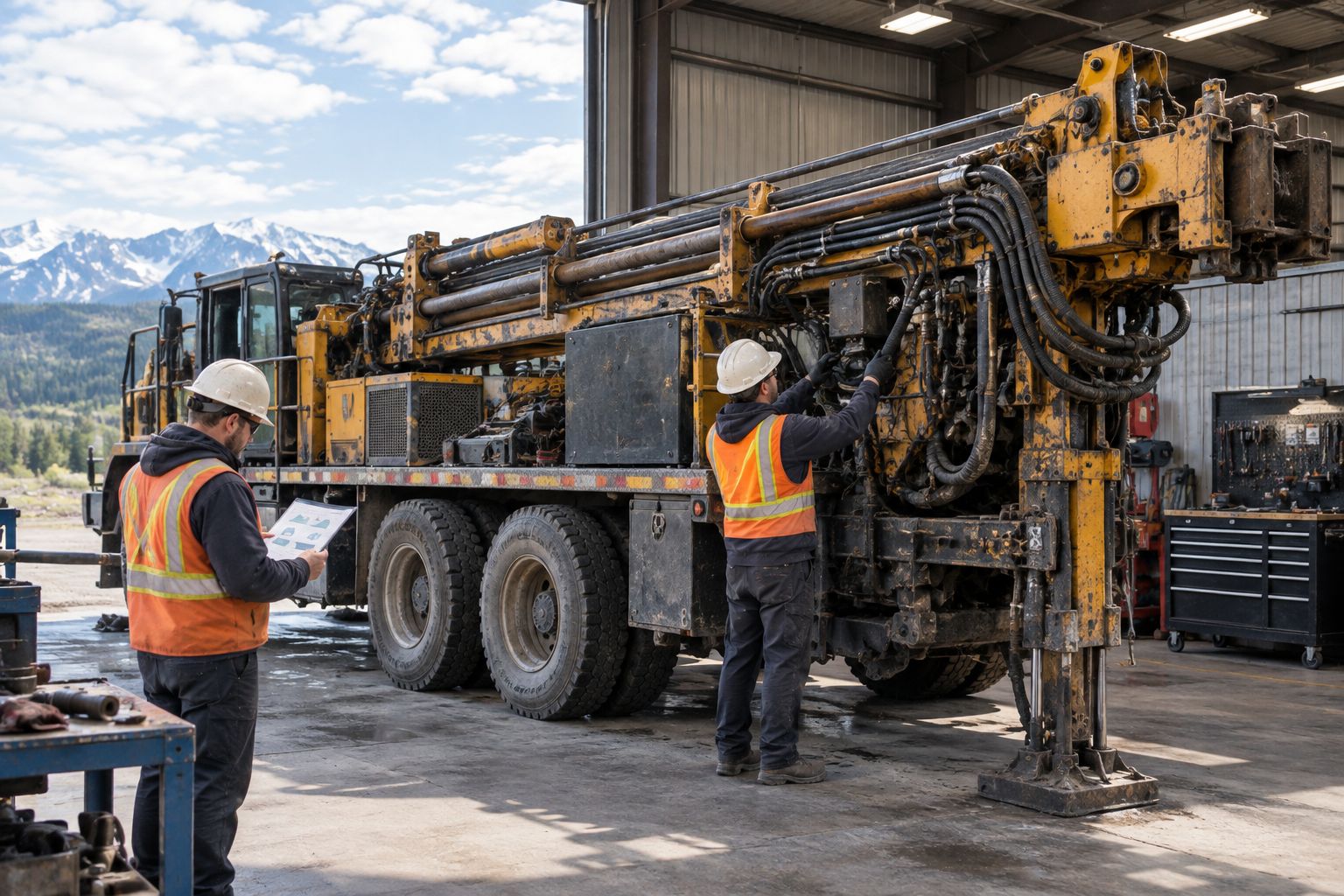 Technicians inspecting an unbranded drilling rig in a repair workshop