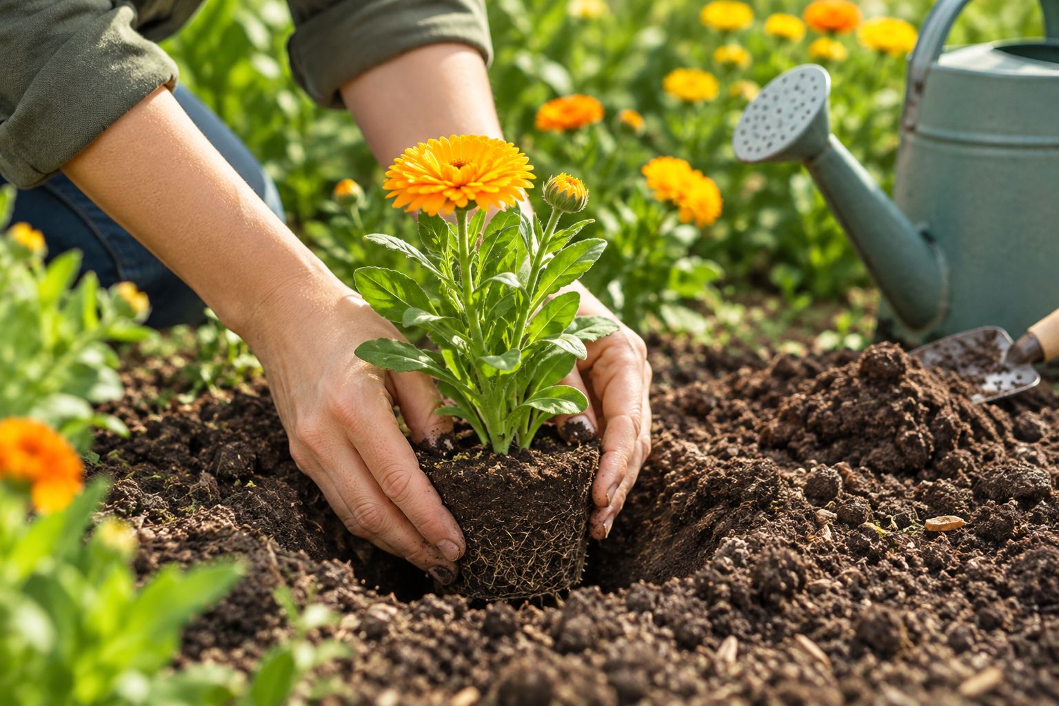 A gardener planting a rooted flower plug with its root-ball surface level with the surrounding soil