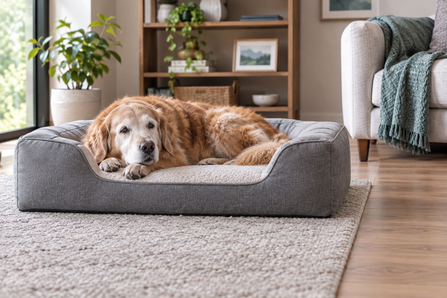 Older dog resting on a low bed with an open entrance and a clear approach