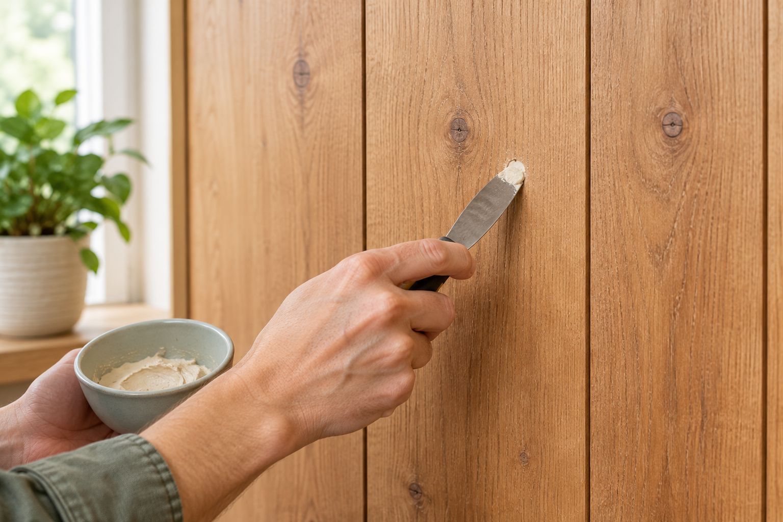 A narrow applicator filling a small nail hole without smearing material across the surrounding wood