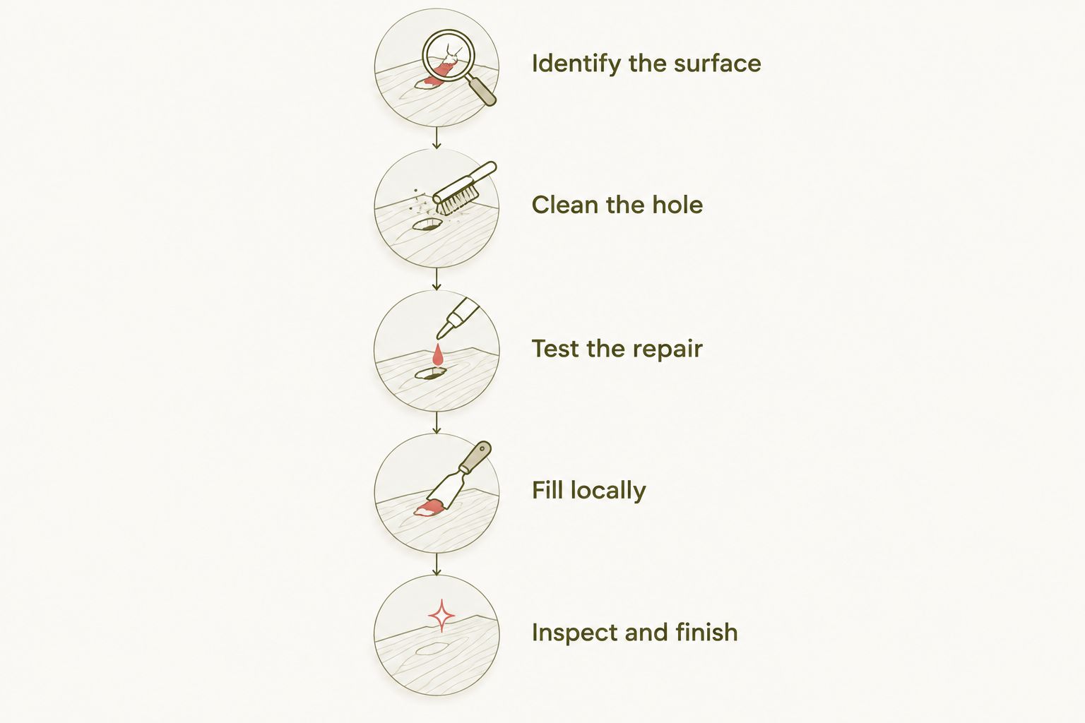 Repair sequence from identifying the panel surface to filling and inspecting the nail hole