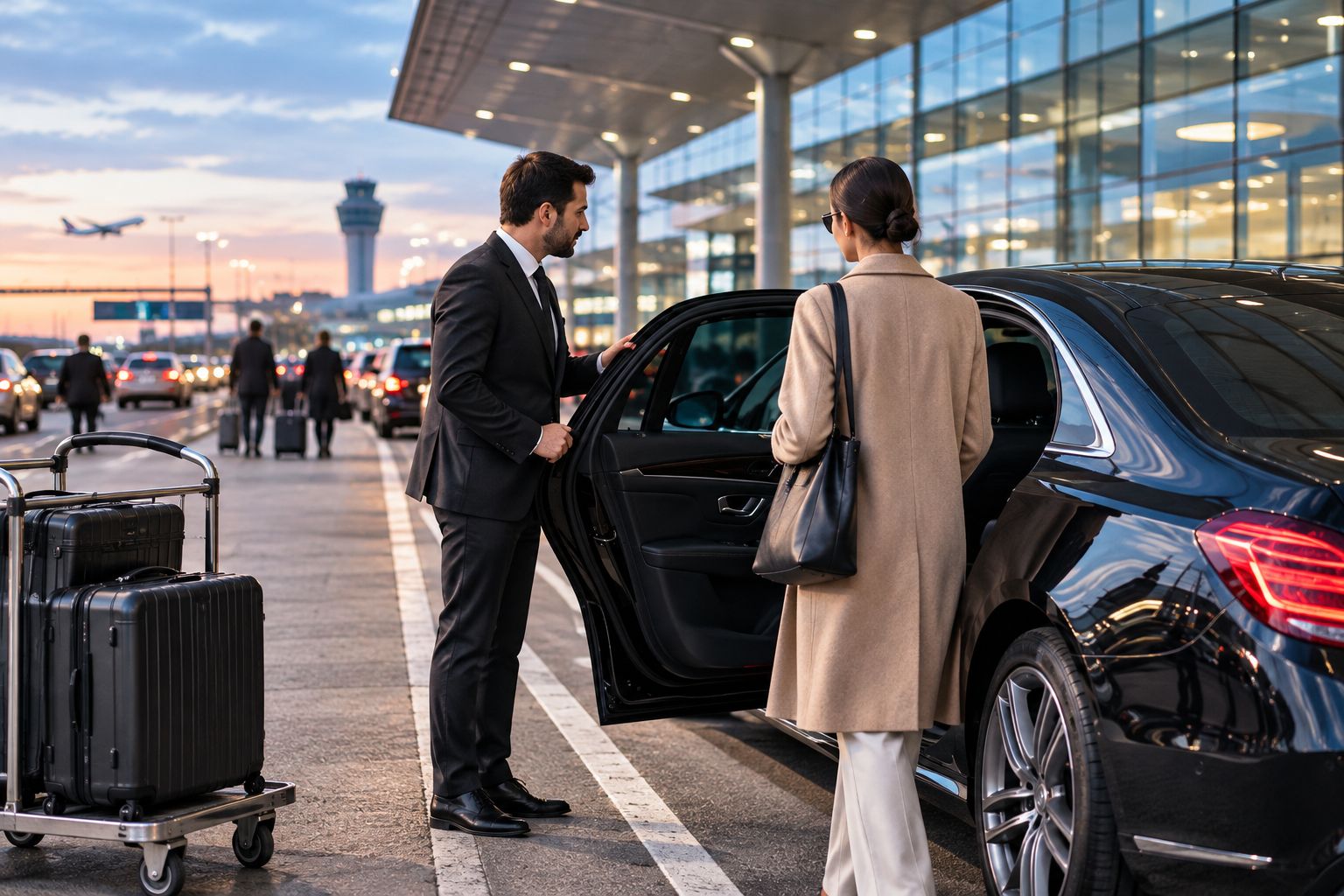 Chauffeur waiting curbside at an airport arrivals area
