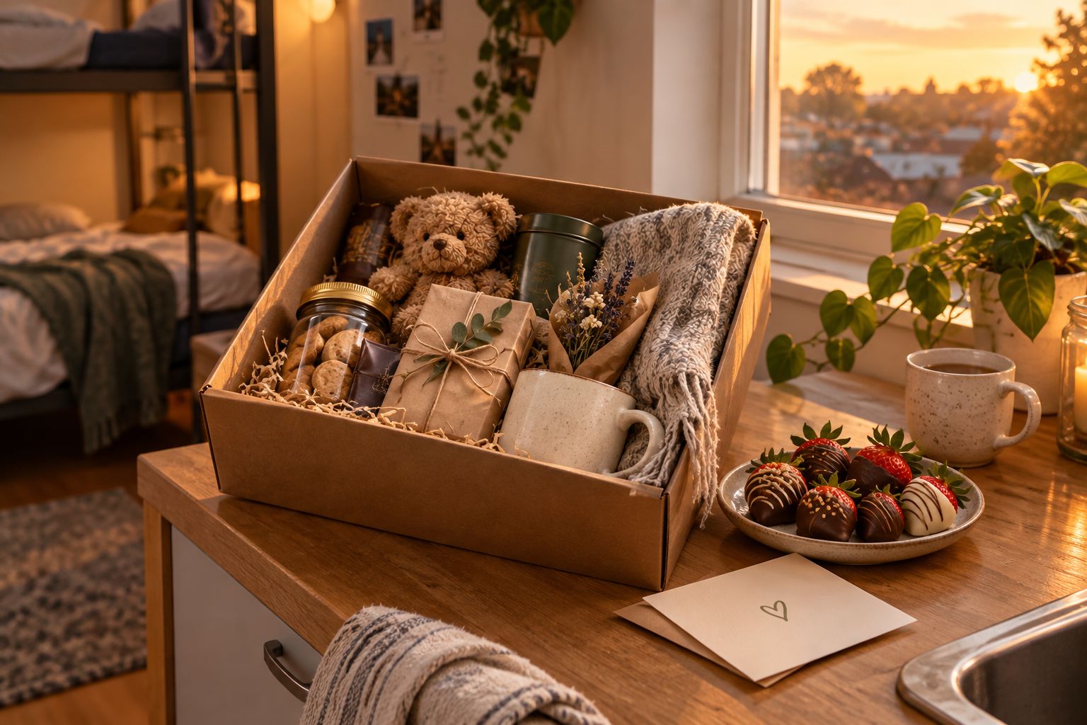 Opened gift hamper on a share-house kitchen bench with a personal card