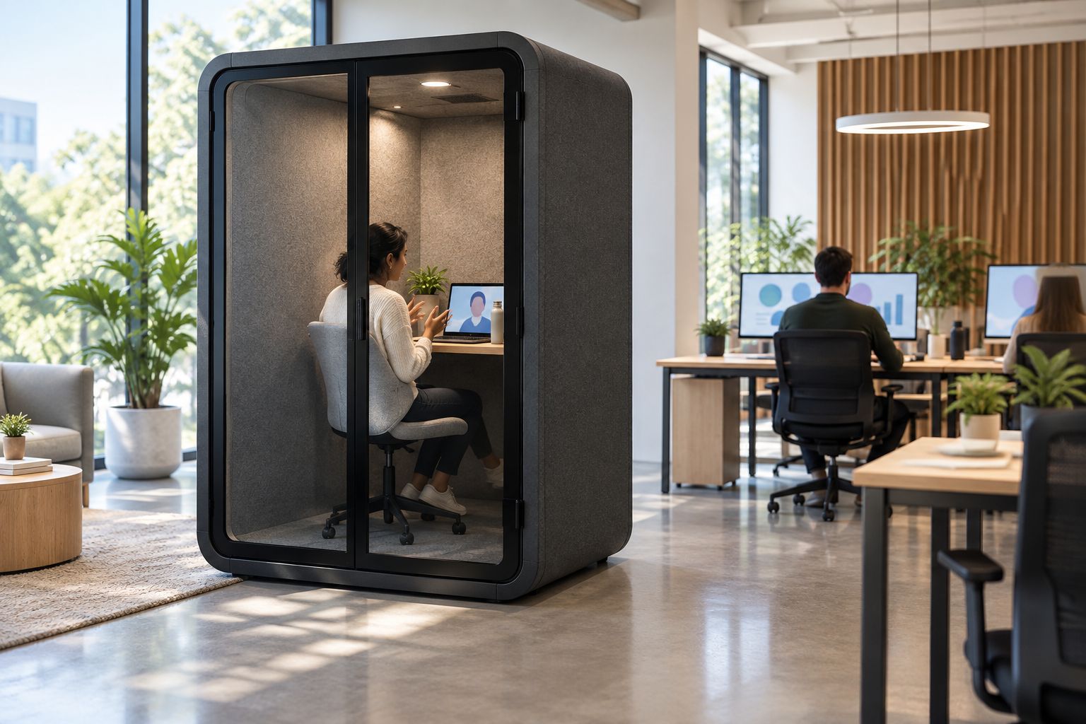 An individual taking a video call inside an enclosed booth in a shared office