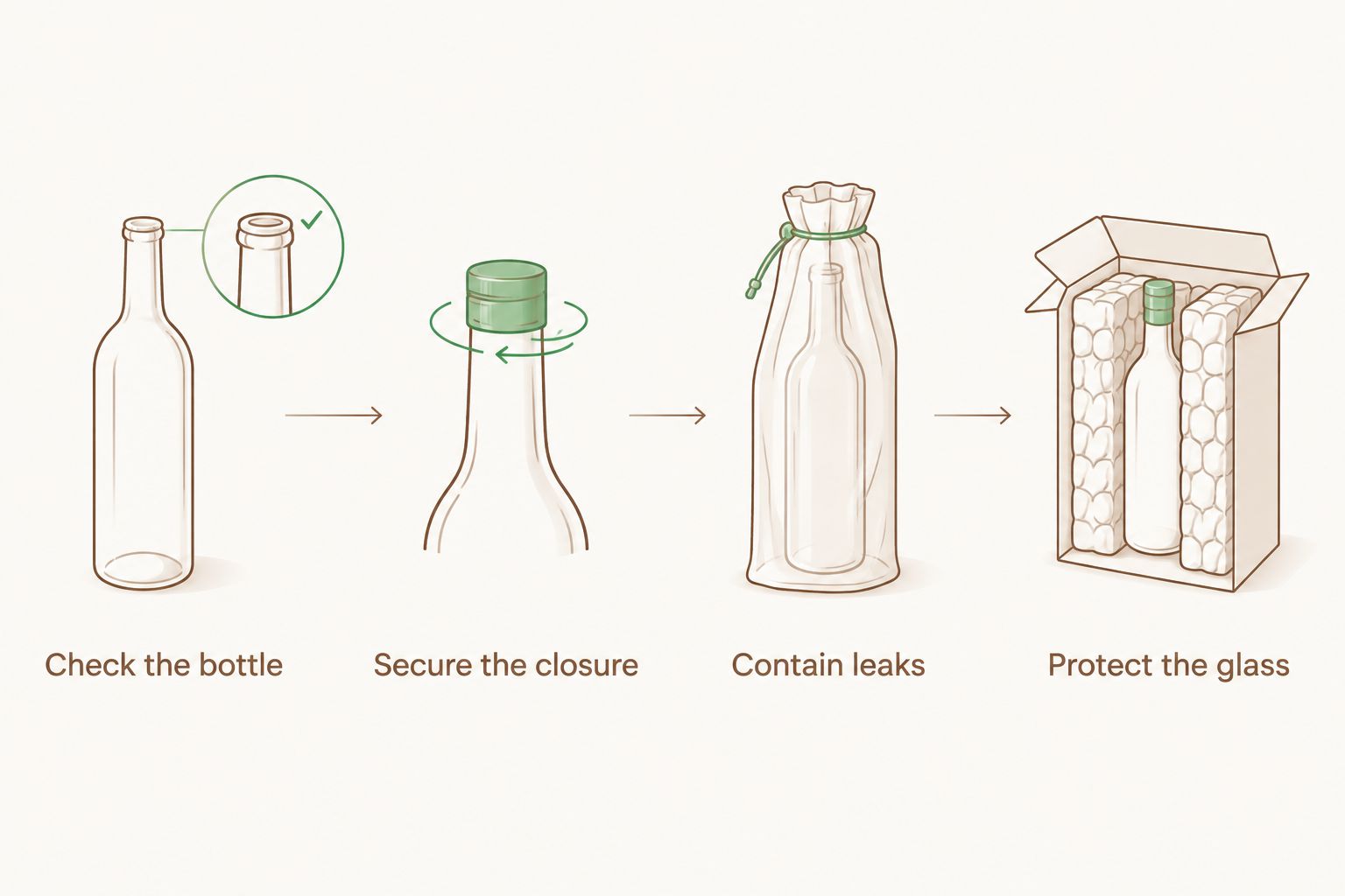 Packing sequence showing a bottle check, secured closure, leak containment, and glass protection