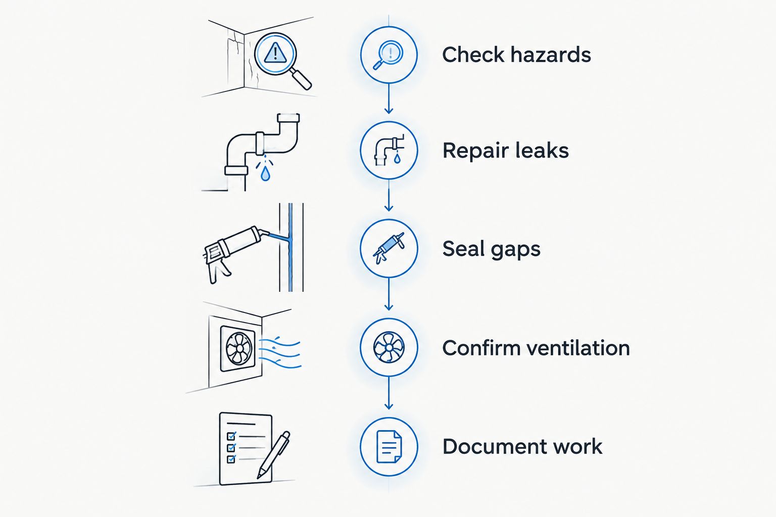 Inspection sequence covering hazards, leaks, air sealing, ventilation, and completion records