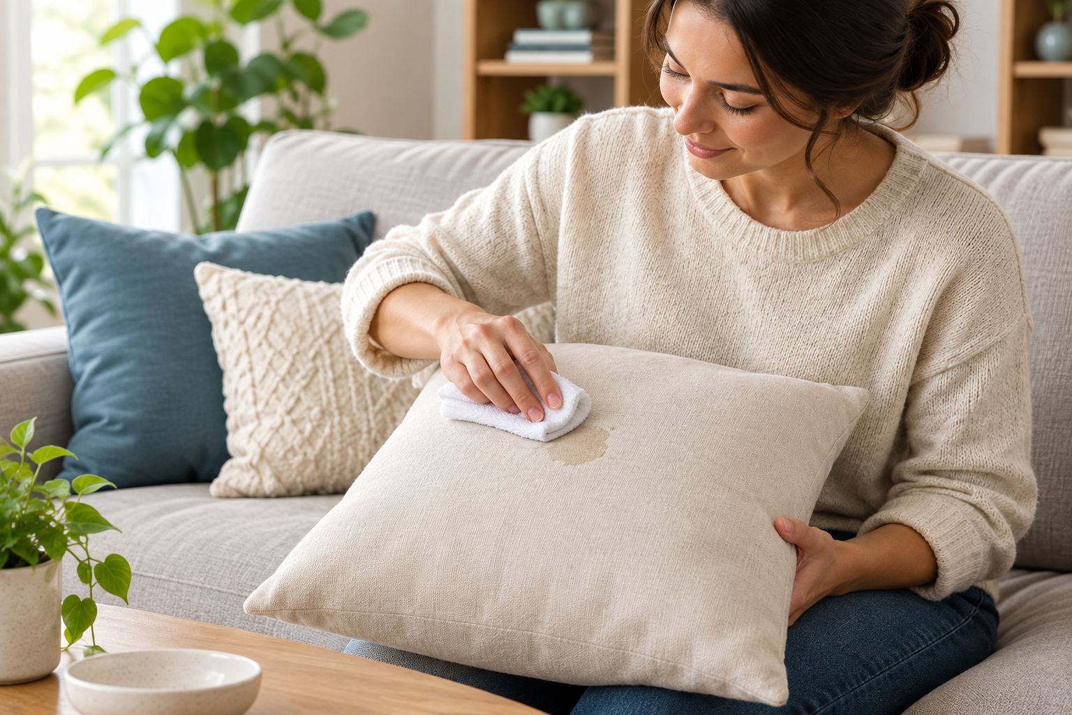 A clean white cloth gently blotting a small spill on a decorative pillow