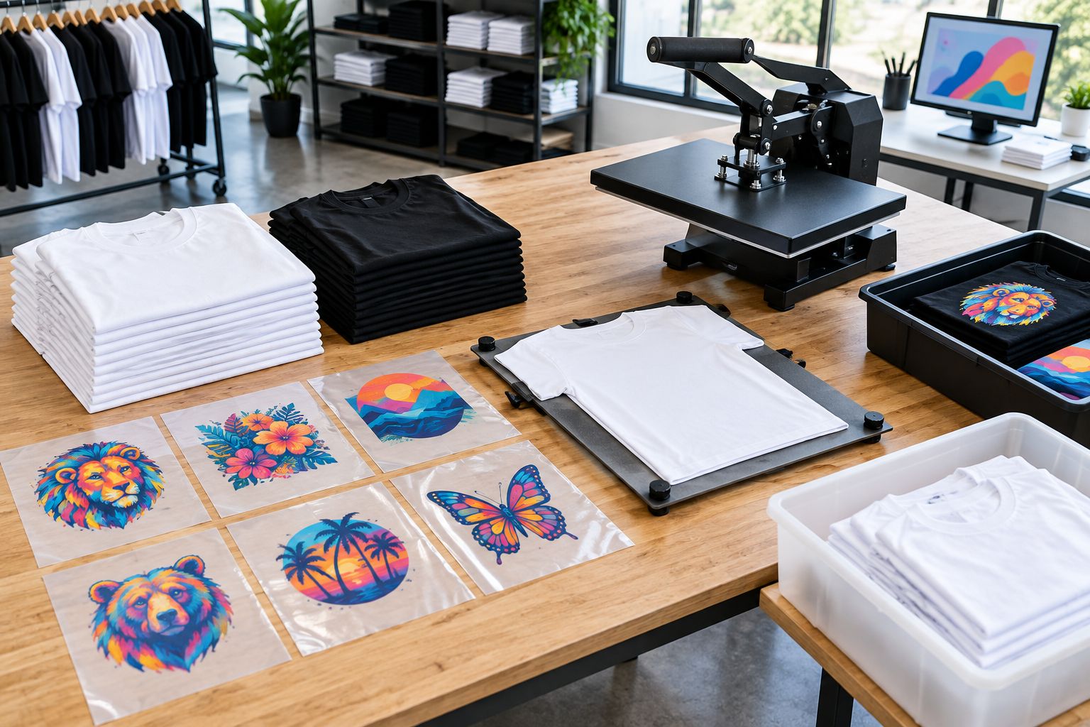 Heat-press workstation with separate trays for blank garments, transfers, and completed shirts
