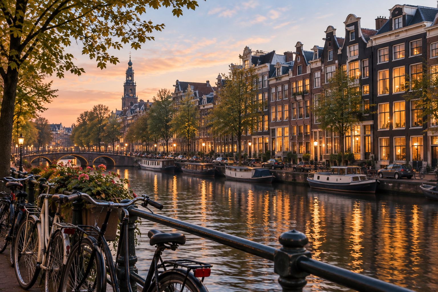 Row of canal-house apartment buildings in a Dutch city at dusk
