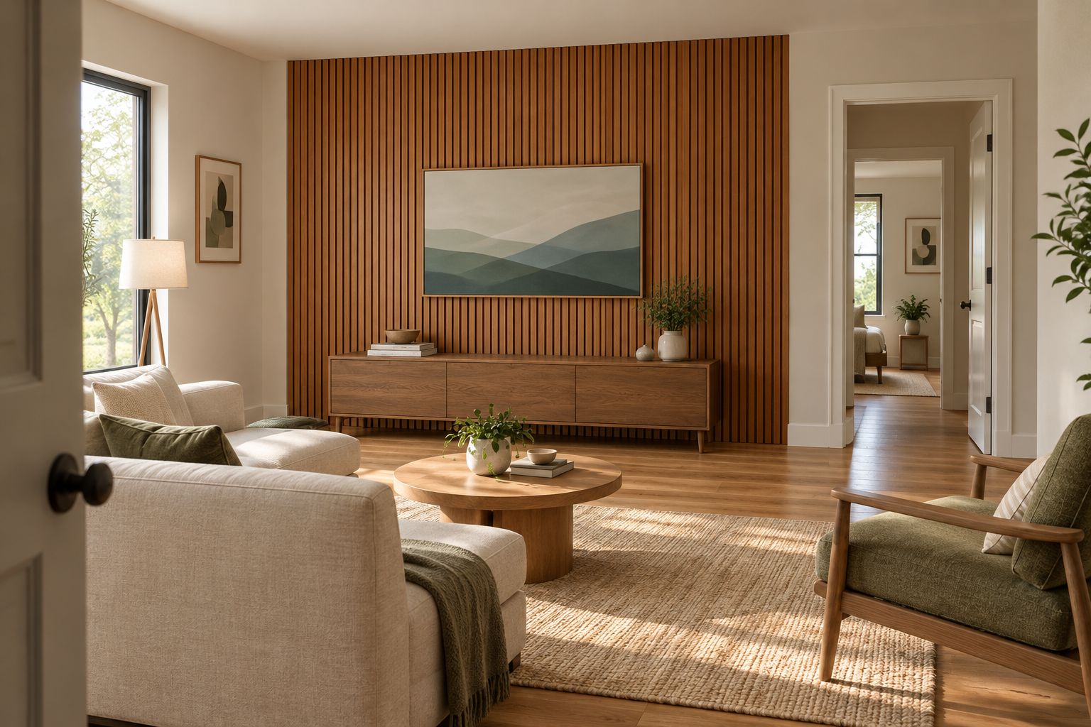Wood slat feature wall with defined boundaries and finished edges in a living room