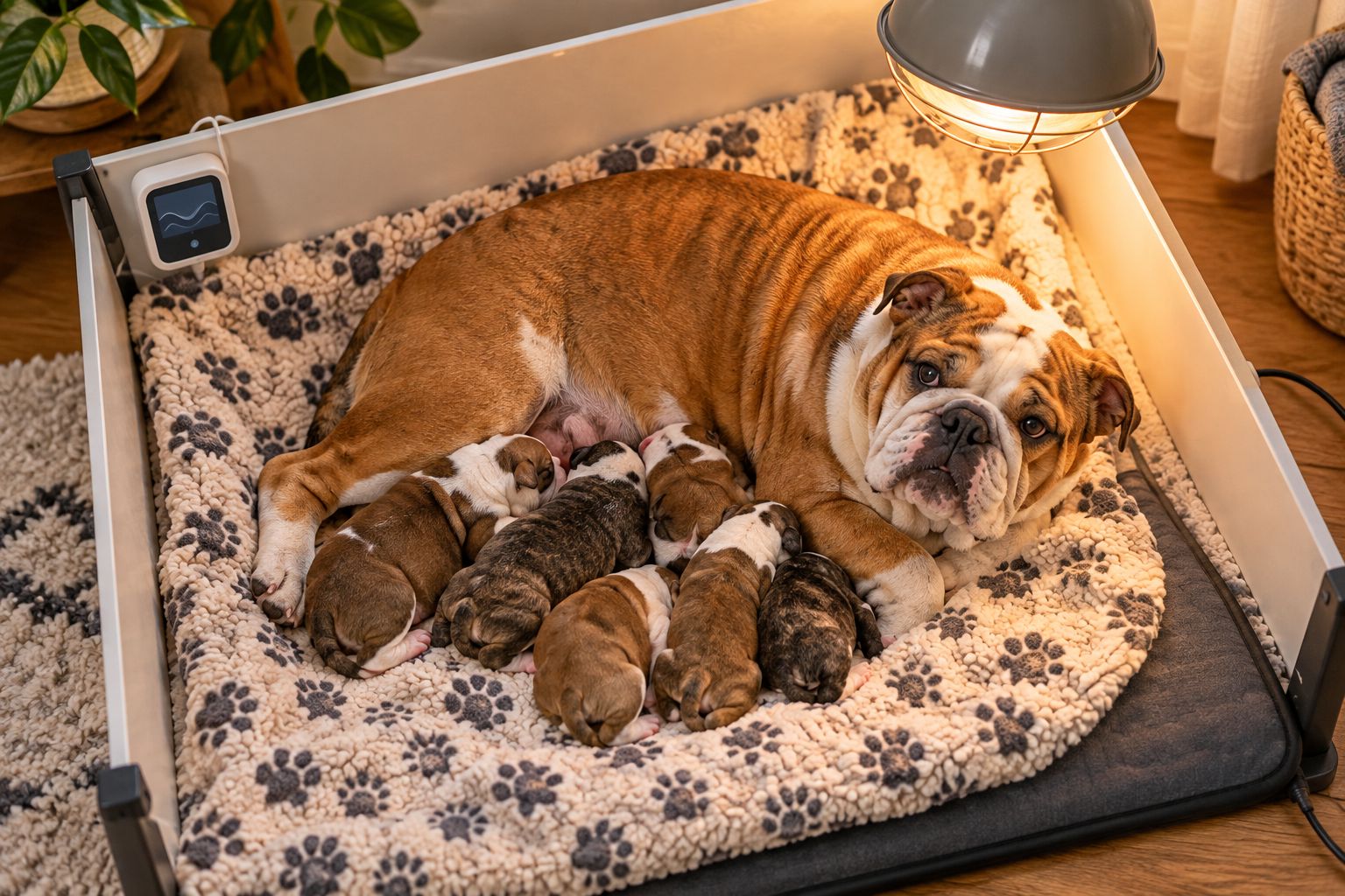 Newborn bulldog puppies warming together in a heated whelping box
