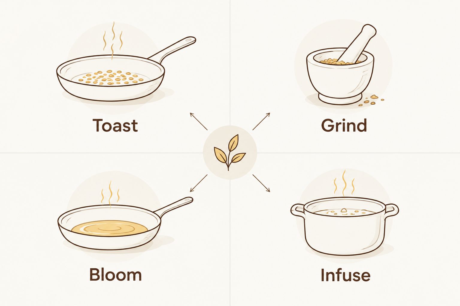 Four alternative methods for using black cardamom: toast, grind, bloom, and infuse.
