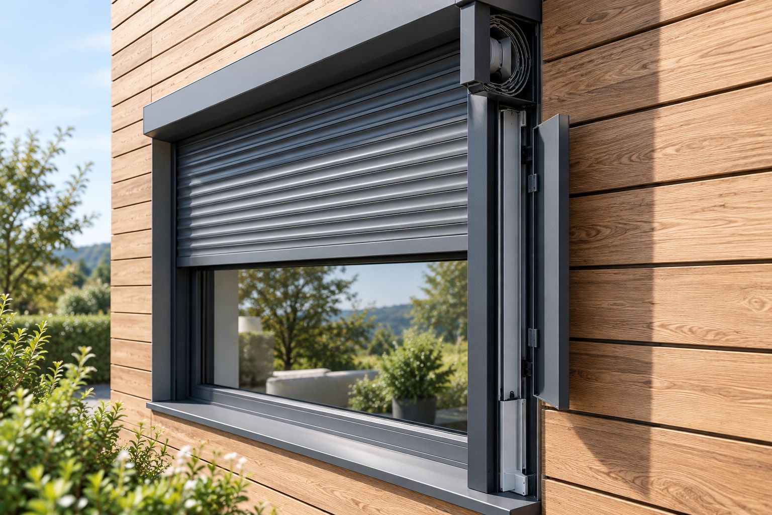 Fassadenpaneele neben einem Fenster mit separater Führungsschiene und zugänglichem Rollladenkasten