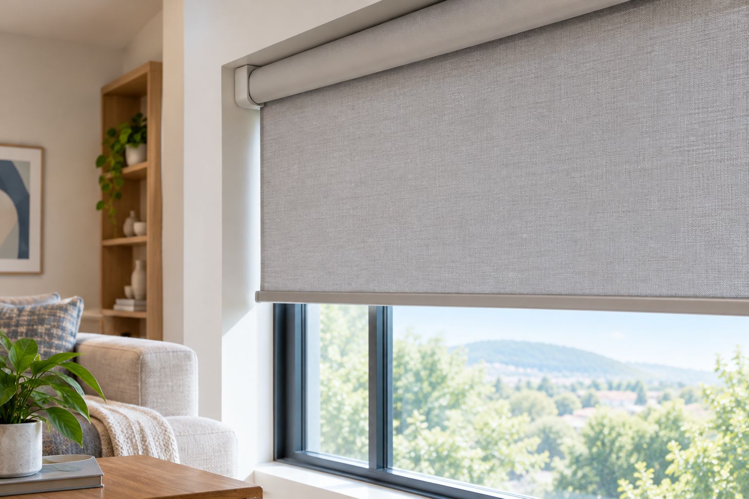 A roller shade halfway down a living-room window, showing its mounting area and lower hem