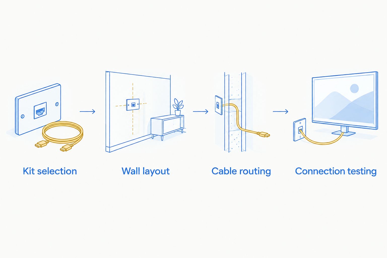 Installation sequence from kit selection and wall layout to cable routing and connection testing