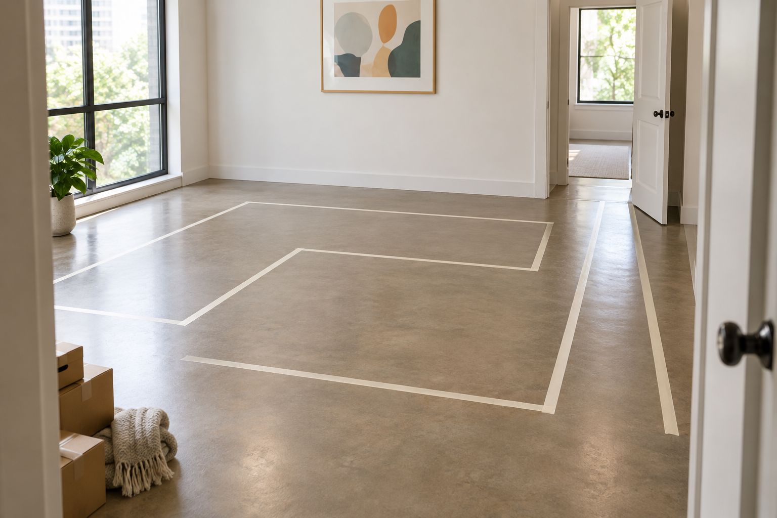 A sectional footprint marked on an apartment floor with space beside an open door
