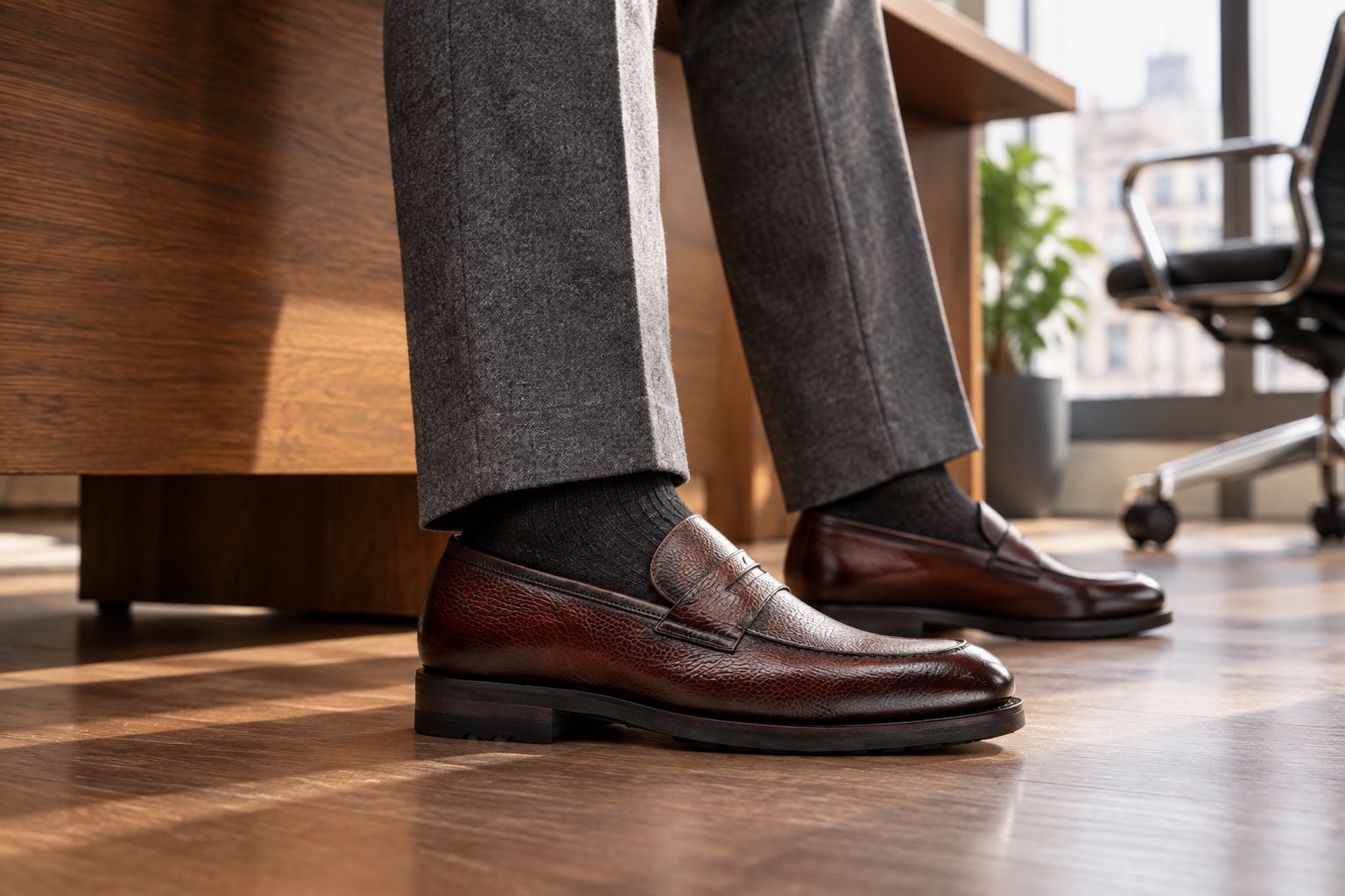 Brown full-grain penny loafer worn with gray trousers in an office setting