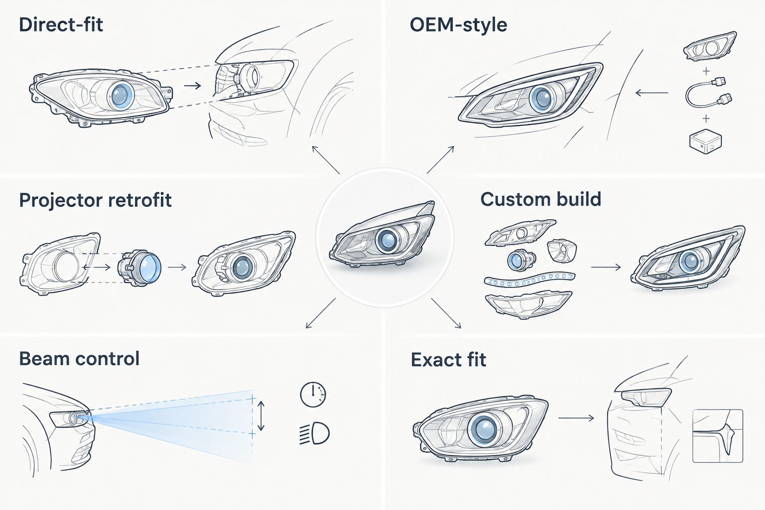 Comparison of direct-fit OEM-style and projector retrofit Audi headlight approaches