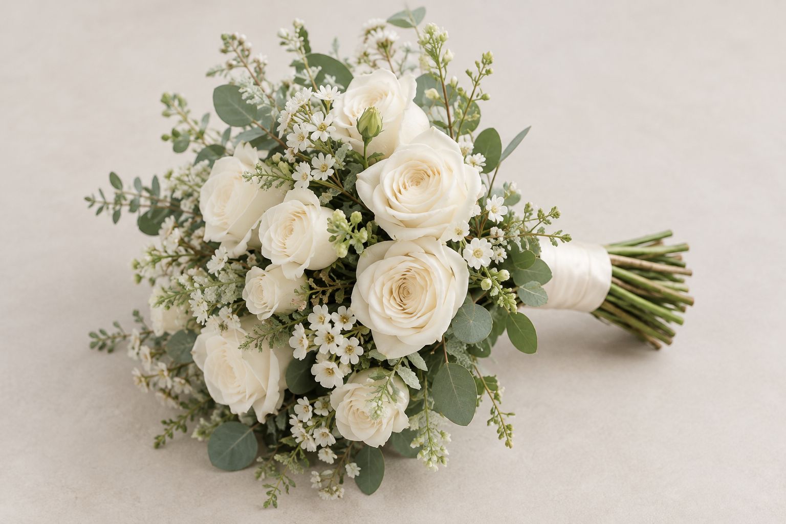 Loose ivory rose-style bridal bouquet with varied flower angles and muted green foliage