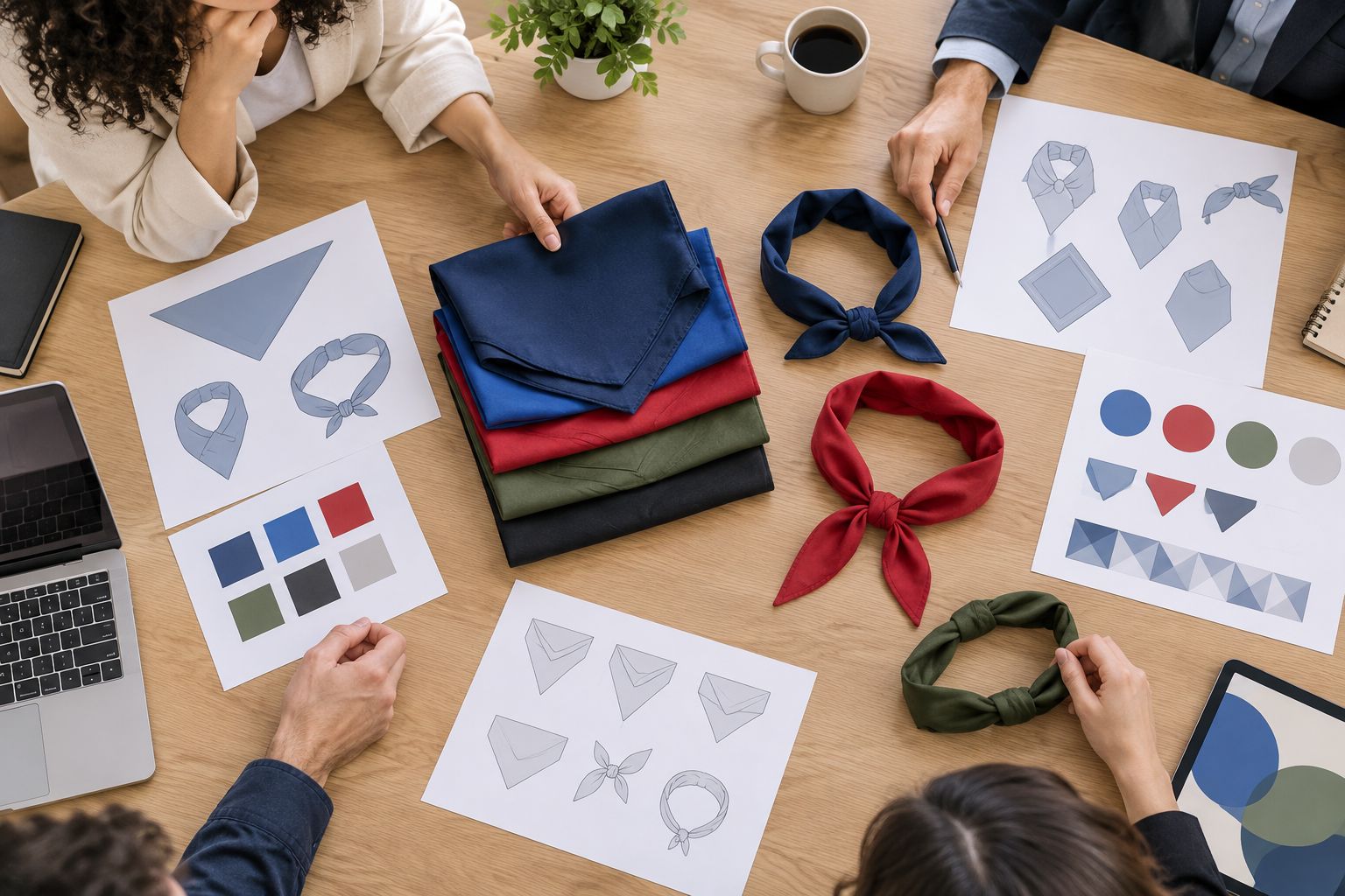 Solid-color bandanas folded different ways beside generic artwork mockups