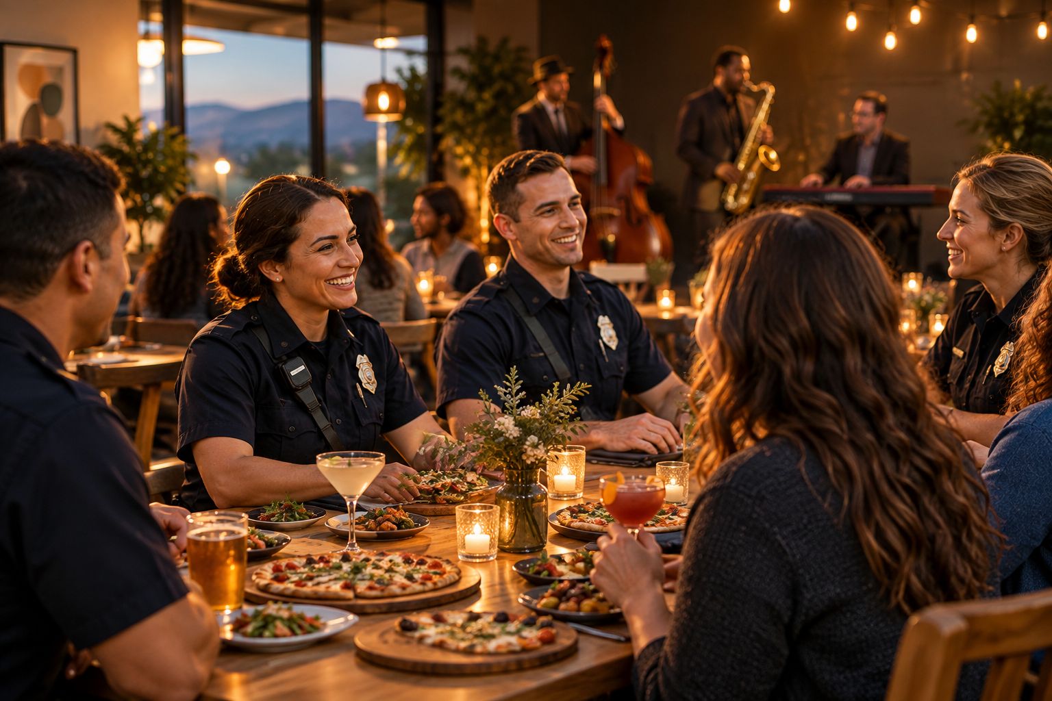 First responder appreciation dinner with pizza, small plates, drinks, and live jazz