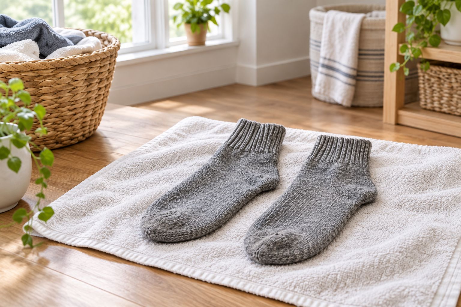 Wool socks laid flat on a towel to air dry