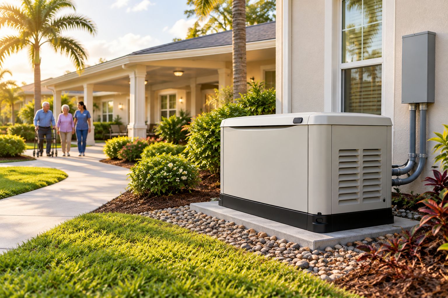 Standby generator installed beside an assisted living facility building