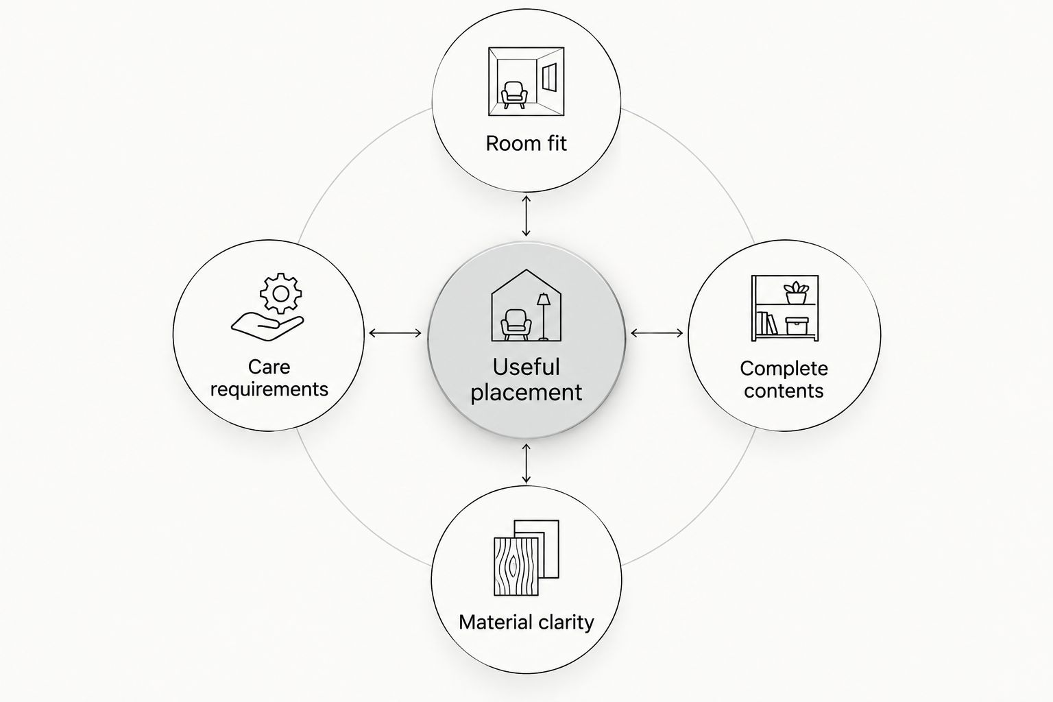 Five checks for choosing decor: placement, fit, contents, materials, and care.